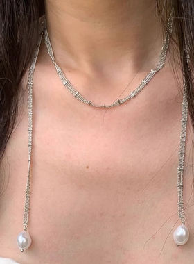 清冷千金风蕾丝缠绕项链女vintage辣妹长款叠戴珍珠冷淡风锁骨韩