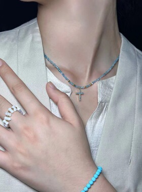 温柔仙女海边蓝色薄荷甜妹风水晶串珠十字架项链女小众叠戴锁骨链