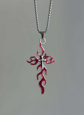 暗黑哥特亚文化红色火焰十字夸张中性朋克金属嘻哈男女项链毛衣链