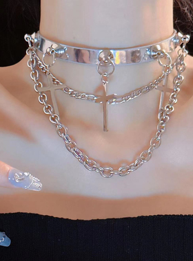 辣妹多层叠戴流苏欧美INS项链小众百搭朋克银色十字项圈颈链女潮