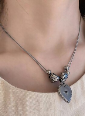 朋克中性锁骨链小众设计双层蛇骨链辣妹ins钛钢爱心做旧复古项链