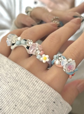 多巴胺可爱新中式串珠天然原石开口叠搭指环戒女 ins百搭冷淡彩色