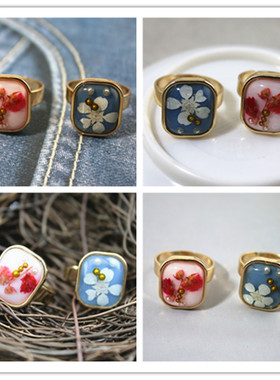 方形干花树脂开口戒指粉色调节