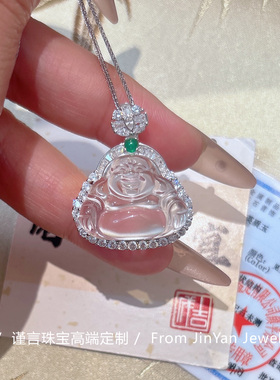 送女友通体纯银水沫玉佛公项链