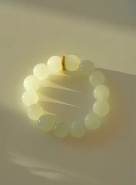 纯银和田玉手串设计款圆珠正宗冰色12mm古法青玉圆珠珠串配饰砂金