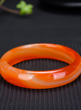 天然橘红色玛瑙手镯缠丝花纹复古中宽玉镯送妈妈长辈送人附证书