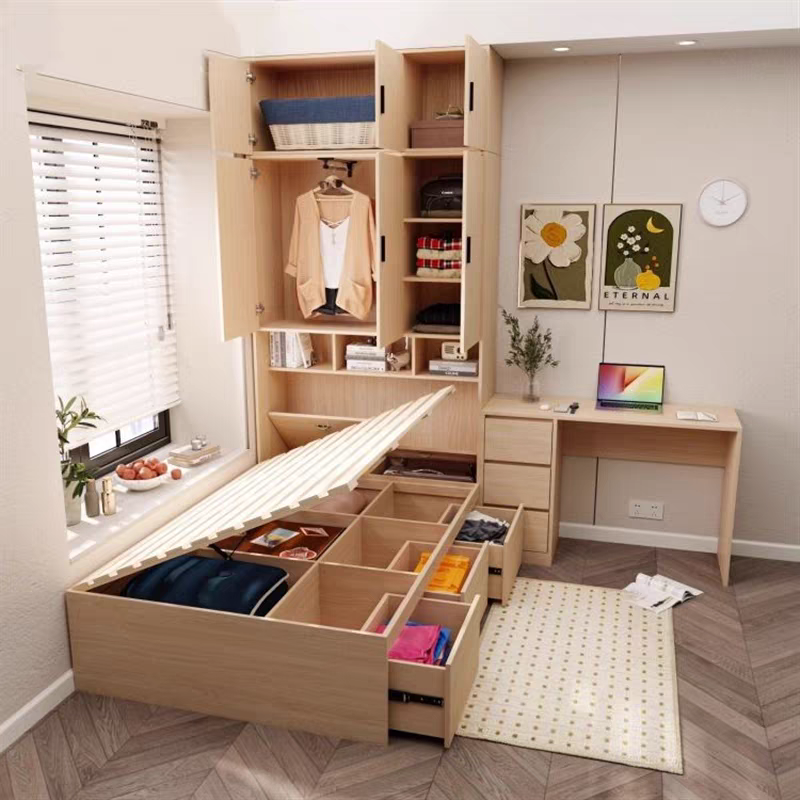 北欧现代小户型衣柜榻榻米床一体家具小户型储物床镂空衣柜床组合 - 图1