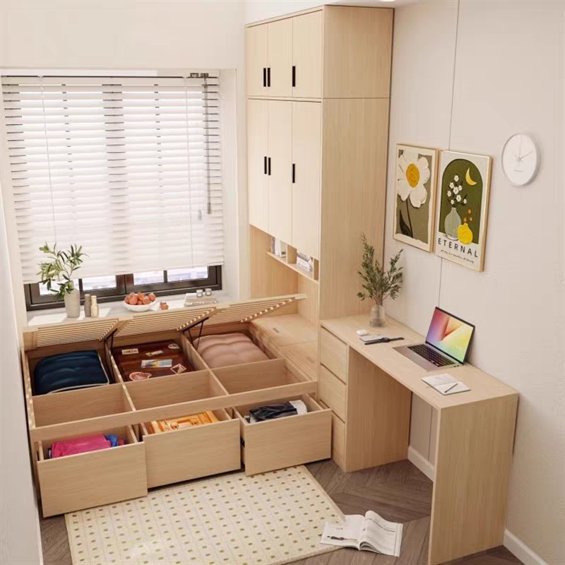 北欧现代小户型衣柜榻榻米床一体家具小户型储物床镂空衣柜床组合 - 图2