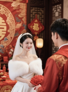 婚纱披肩外搭冬季婚礼敬酒服新娘结婚礼服狐狸毛皮草斗篷旗袍外套