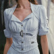 LaceMade Nautical Lover (ການລ່າສັດສະບັບ) ການອອກແບບຂອງຝຣັ່ງແບບເງິນເກົ່າແກ່ເສື້ອສີຟ້າເສັ້ນດ່າງແລະຊຸດກະໂປງ