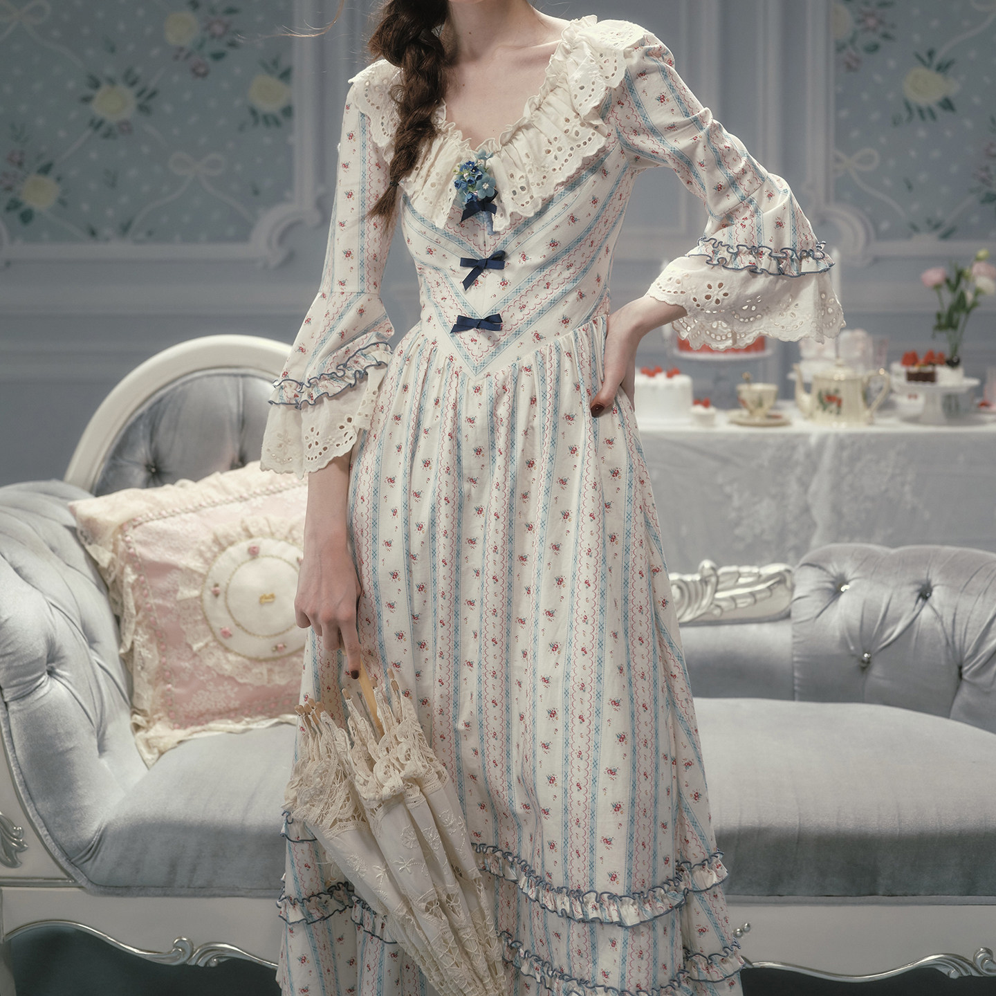 LaceMade 早安凡尔赛 法式田园风条纹印花棉质长裙v领显瘦连衣裙,淘宝优惠券,粉丝福利购,淘宝优惠卷