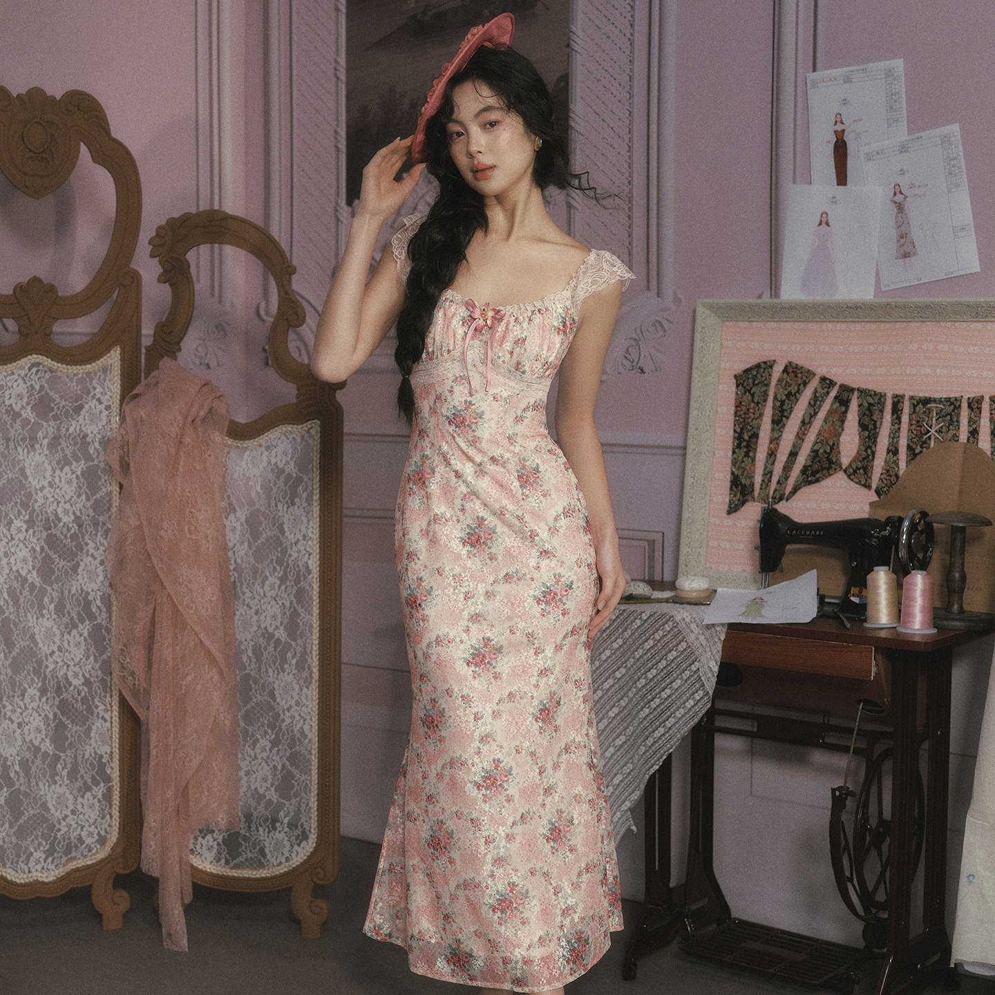 LaceMade 蔷薇音乐盒 法式复古浪漫印花鱼尾裙肌理感连衣裙印花裙,淘宝优惠券,粉丝福利购,淘宝优惠卷