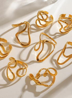 万兴不锈钢开口戒指女不掉色欧美不规则线条镂空戒子钛钢跨境首饰