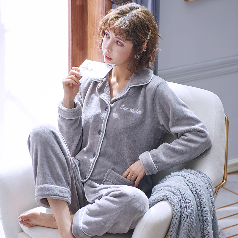 好得西旗舰店秋冬季加厚开衫珊瑚绒睡衣女士保暖加绒法兰绒套装长袖家居服卡通1