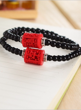 新品朱砂红漆雕中国风女手串水钻