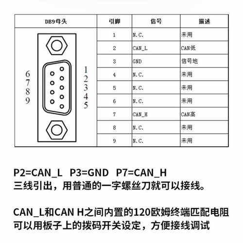 CAN免焊接DB9带120欧电阻，2/7/3脚引出，拨码设置120R；db9电阻 - 图3