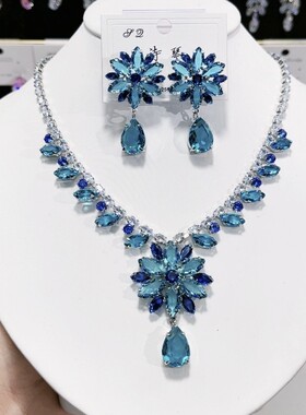 欧美风高定重工锆石奢华宫廷风项链耳环套装 四叶花项链百搭项链