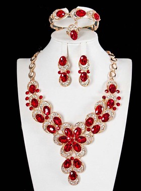 欧美夸张水晶花朵玻璃配件项链四件套首饰女礼服晚宴配饰品