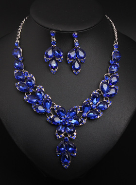 跨境首饰水晶玻璃花朵锁骨项链耳环套装礼服欧美女宴会配饰品批发