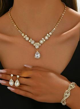 晚礼服配饰耳环新娘婚纱首饰套装璀璨水钻锆石天使泪水滴项链耳坠