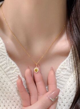 通体S925纯银镀18K金黄钻心形吊坠级感爱心项链豪华满钻锁骨链