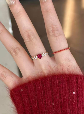 s925纯银怦然心动红心红宝石石榴红戒指女中古风感小众设计指环