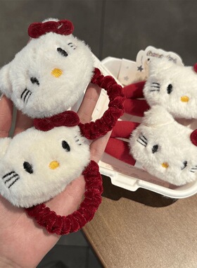 可爱毛绒KT猫发夹甜美安可拉红蝴蝶结发圈百搭少女侧边马尾发饰