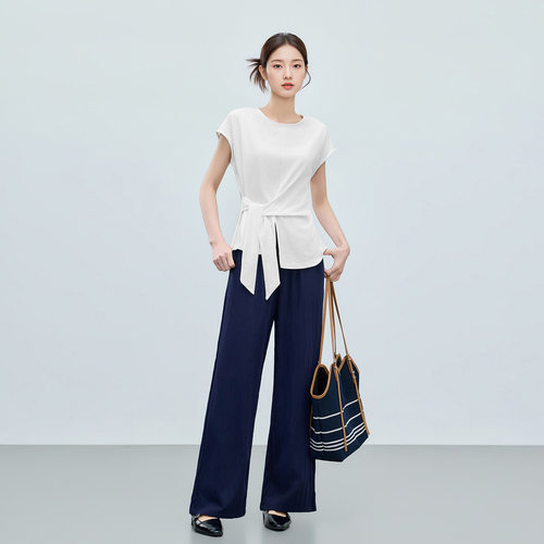 IEF/爱依服2026夏季新款休闲气质圆领设计感绑带收腰百搭显瘦上衣 - 图0