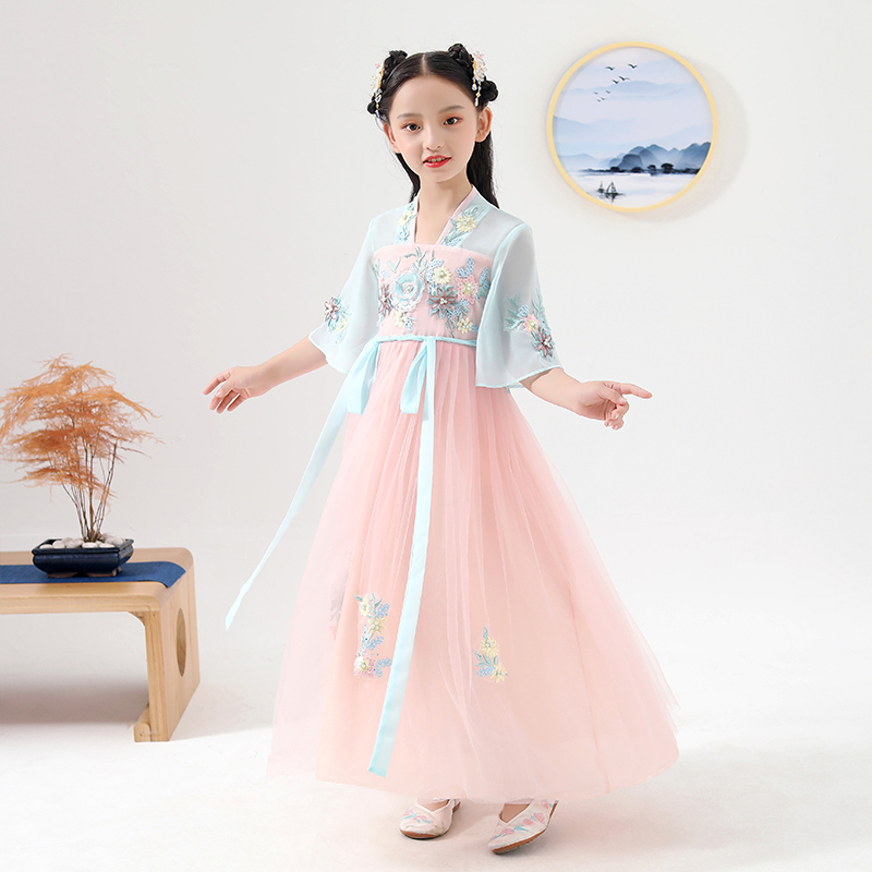 洛芳菲旗舰店女童汉服春秋超仙古装儿童女中国风唐装襦裙小女孩雪纺连衣裙夏装0