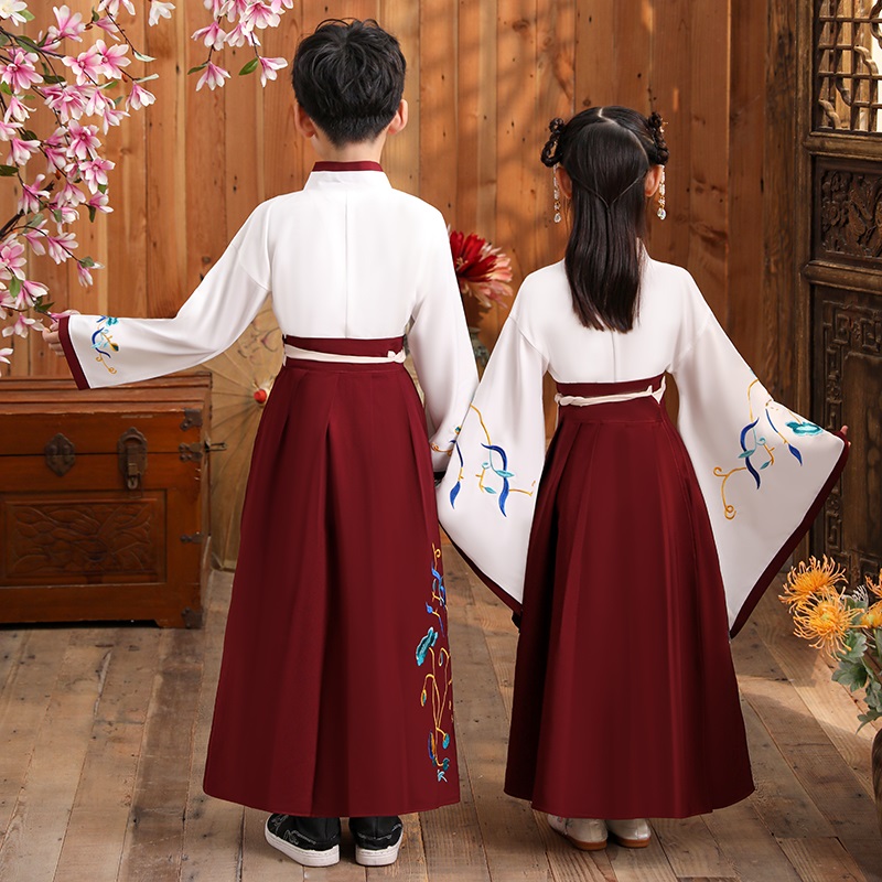 洛芳菲旗舰店男童汉服套装小男孩中国风古装唐装国学服女童小学生儿童演出服装3