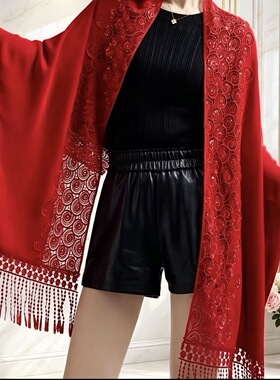 2025秋季新款时尚镂空披肩外搭妈妈结婚礼服旗袍喜婆婆婚宴带袖女