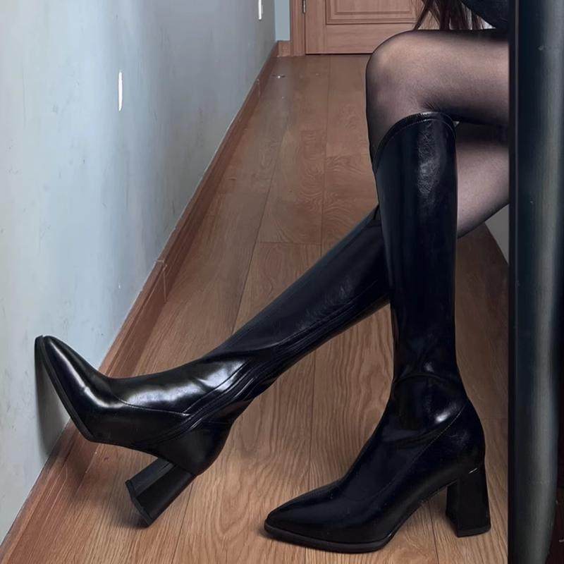 推荐 瘦腿V口长筒靴女2025秋冬尖头高跟粗跟长靴高筒侧拉链骑士靴,淘宝优惠券,粉丝福利购,淘宝优惠卷