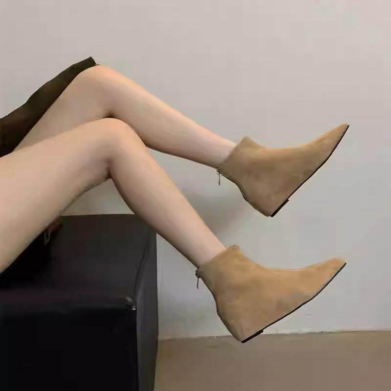 2025秋冬新款绒面坡跟中跟短靴弹力靴平底方头内增高瘦瘦靴女靴子,淘宝优惠券,粉丝福利购,淘宝优惠卷