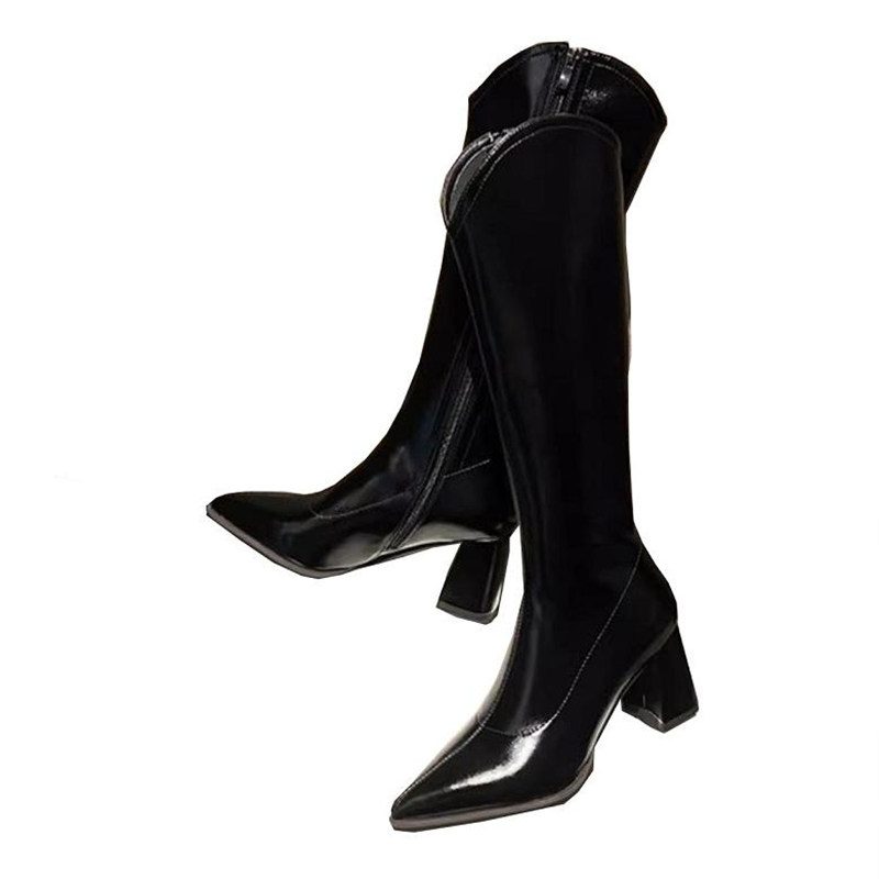 推荐 瘦腿V口长筒靴女2025秋冬尖头高跟粗跟长靴高筒侧拉链骑士靴,淘宝优惠券,粉丝福利购,淘宝优惠卷
