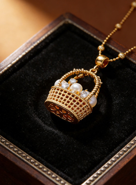 立体编织篮仿珍珠嵌锆石吊坠项链小众精致轻奢气质百搭锁骨链潮