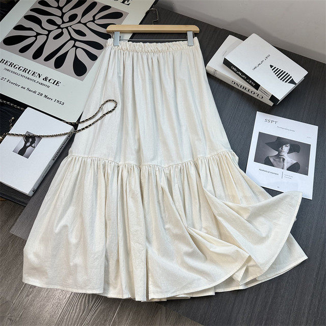 Breathable cotton and linen blend pleated flare skirt cake skirt