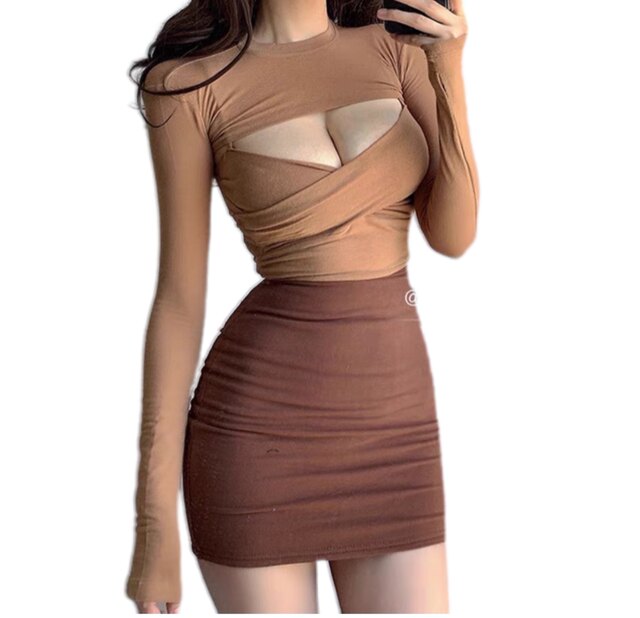 ເສື້ອຢືດແຂນຍາວ Sexy ແຂນຍາວ 2 ຜືນ ຕັດແຂນຂາສັ້ນ