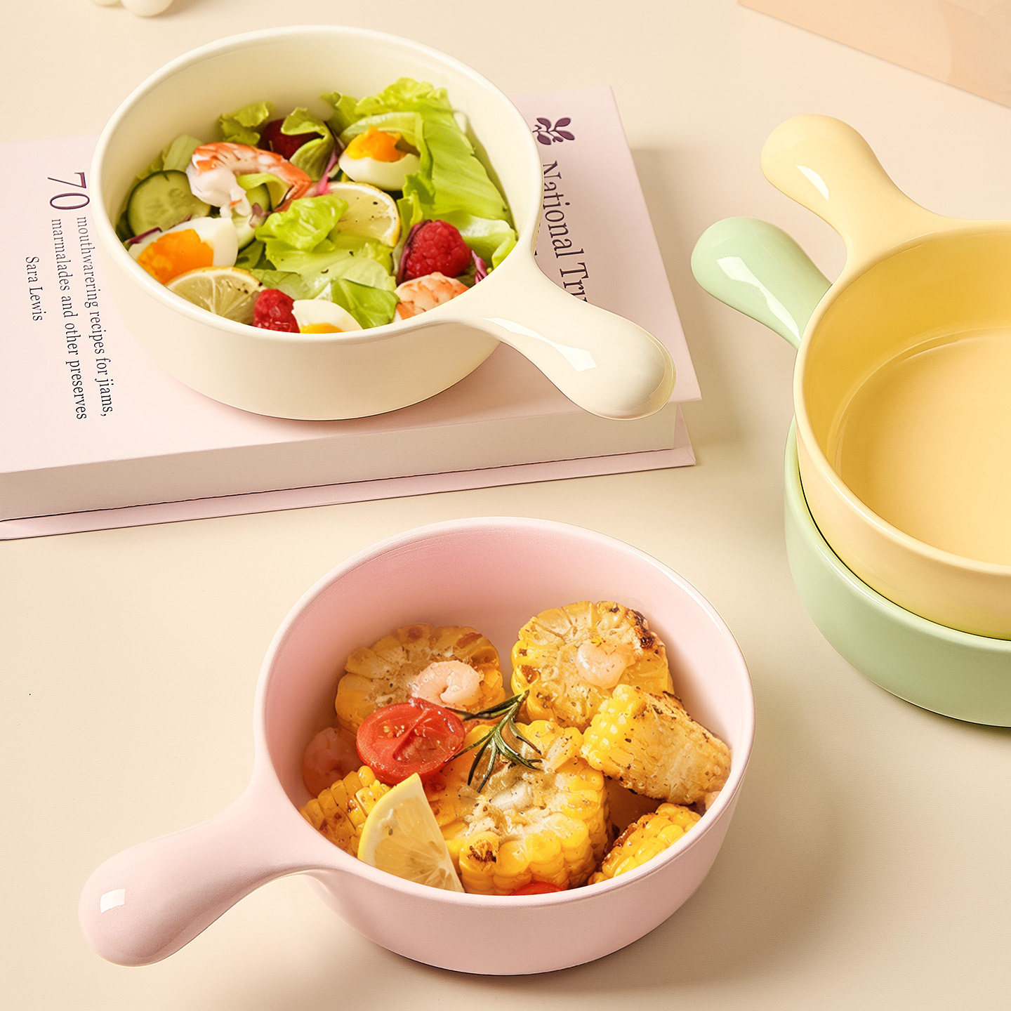 ins风奶油色陶瓷烤碗手柄碗螺蛳粉泡面碗汤碗家用沙拉焗饭碗餐具