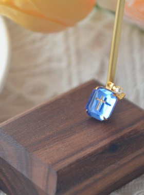 琉璃仿宝石十字架蓝色复古项链