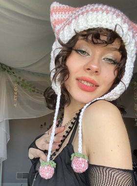 搞怪恶魔角帽子猫耳朵条纹毛线帽