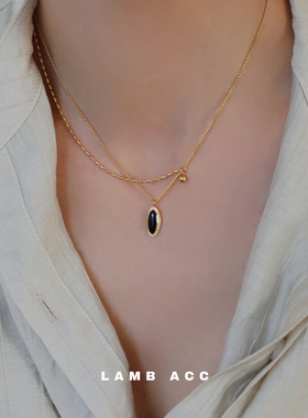LAMB ACC 月光宝盒 复古法式椭圆黑色吊坠钛钢镀18k金叠戴项链锁