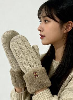 挂脖手套女2025秋冬季保暖防寒加绒加厚棉韩版大学生毛线包指连指