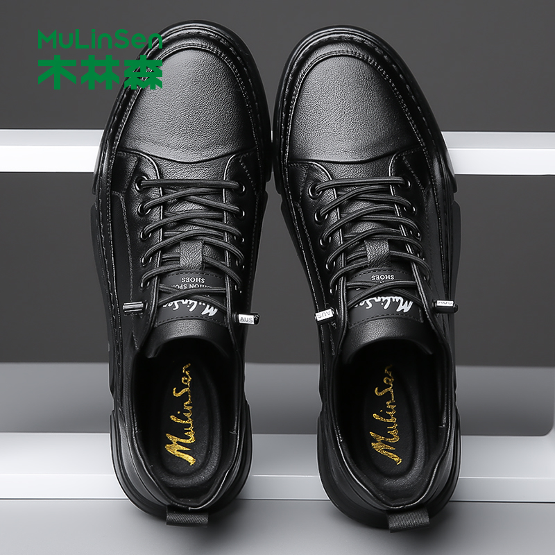 木林森男鞋2025冬季头层牛皮运动休闲皮鞋男小黑鞋内增高真皮鞋子 - 图1