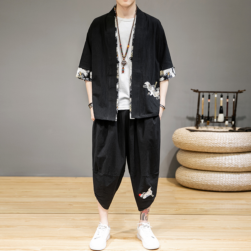 宾卓旗舰店中国风新款男士宽松休闲仙鹤刺绣改良汉服古风仙气青年唐装套装潮0