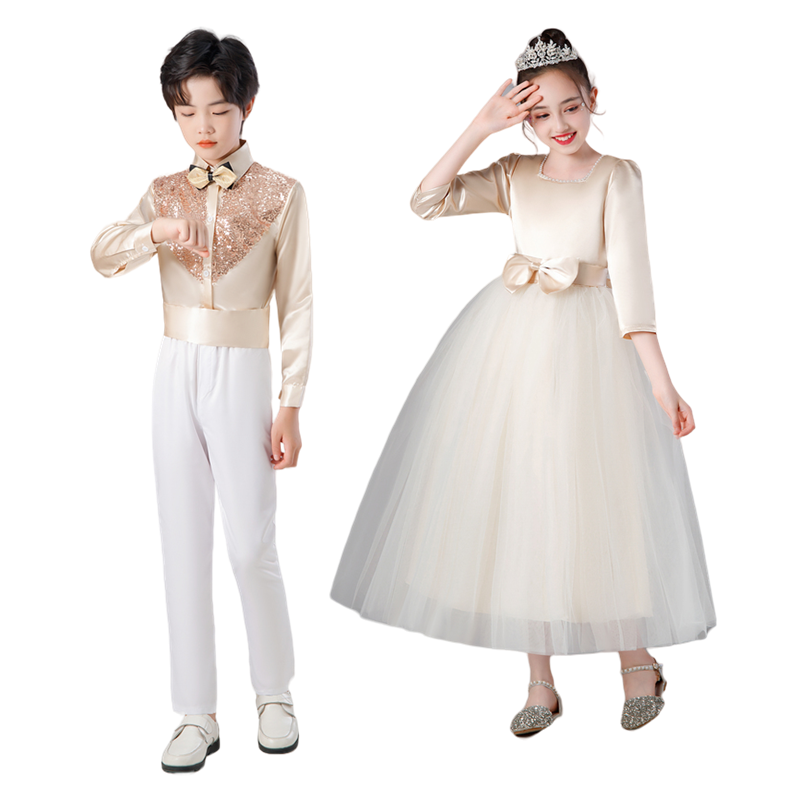 新款男童长袖礼服女童香槟色舞蹈纱裙中小学生合唱团演出服装朗诵,淘宝优惠券,粉丝福利购,淘宝优惠卷