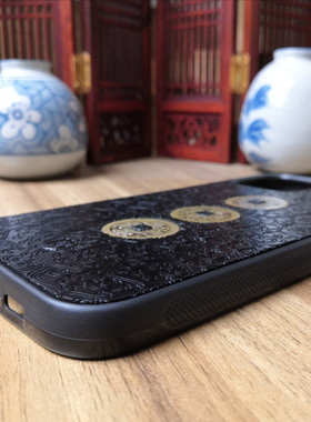 大漆雕漆 钱到家 招财转运 漆器手机壳适用于iPhoneX/12/13ProMAX