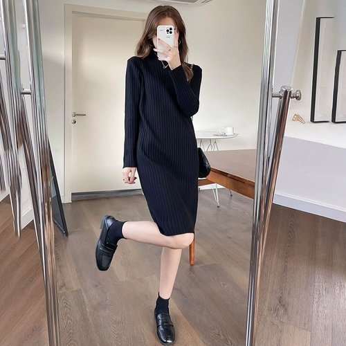 Демисезонное длинное трикотажное платье, шерстяное платье, черное платье большого размера, средней длины, высокий воротник, свободный крой