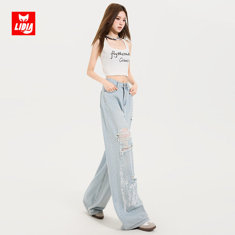 浅色破洞阔腿牛仔裤女秋冬2025新款蕾丝烫钻设计感宽松显瘦直筒裤,淘宝优惠券,粉丝福利购,淘宝优惠卷