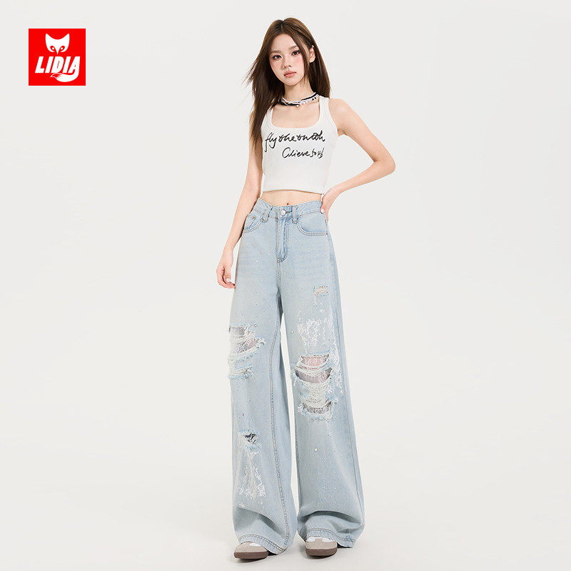 浅色破洞阔腿牛仔裤女秋冬2025新款蕾丝烫钻设计感宽松显瘦直筒裤,淘宝优惠券,粉丝福利购,淘宝优惠卷