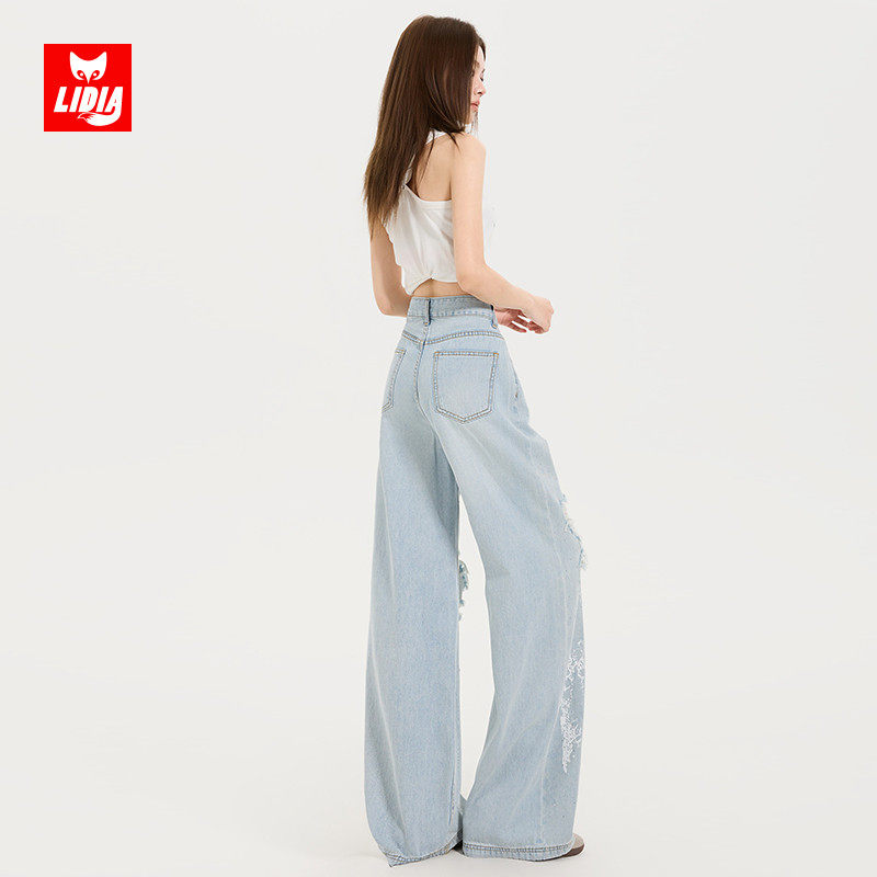 浅色破洞阔腿牛仔裤女秋冬2025新款蕾丝烫钻设计感宽松显瘦直筒裤,淘宝优惠券,粉丝福利购,淘宝优惠卷
